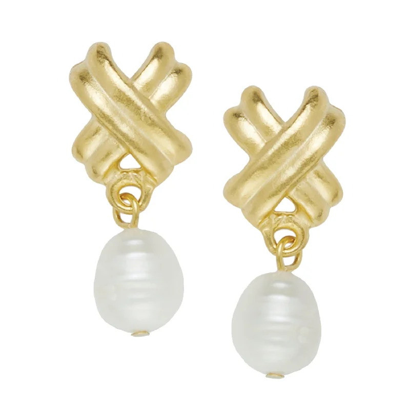 Ethnic Stud Earrings with Tribal Design -Susan Shaw Mini X Pearl Drop Stud Earrings