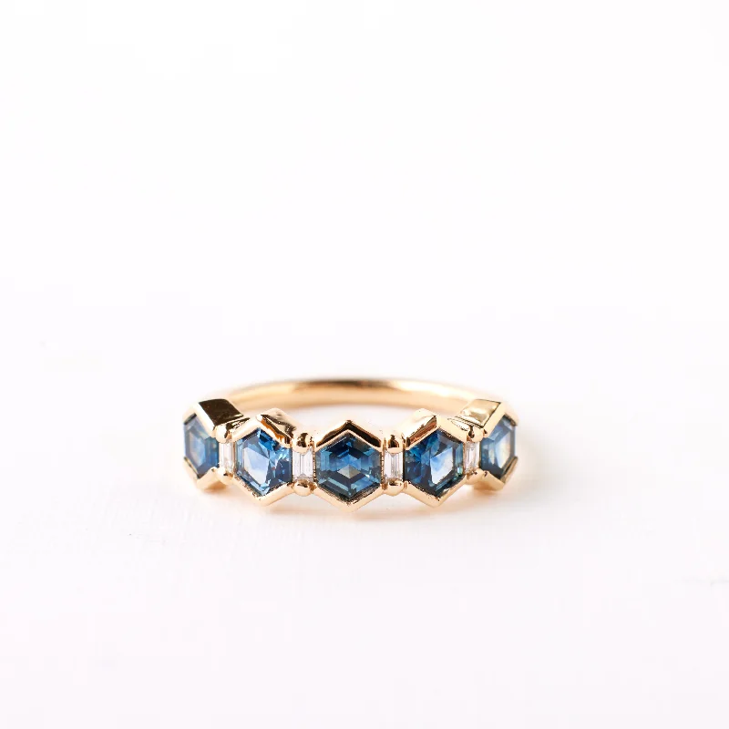 Women’s rings with lotus-inspired sapphire bands -Arden Ring - True Blue Hexagon Sapphires + Diamonds