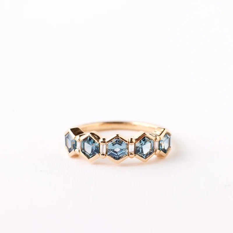 Women’s rings with engraved constellations for stars -Arden Ring - Teal Blue Hexagon Sapphire + Diamonds