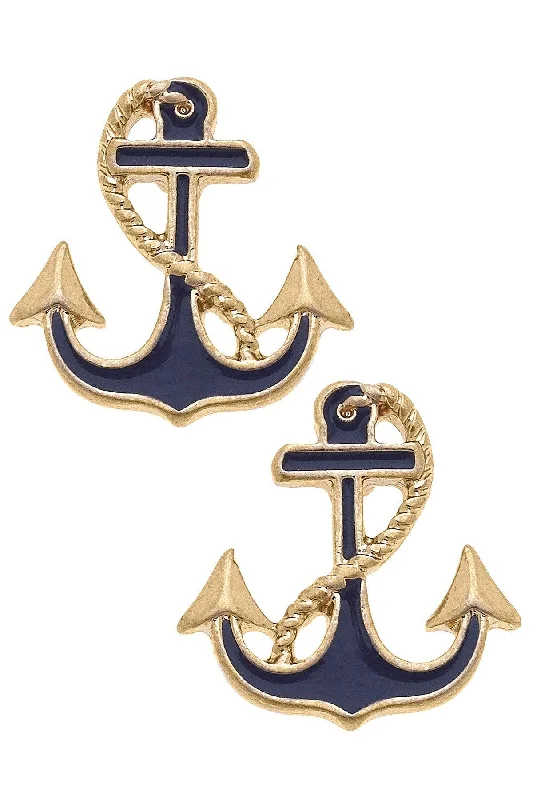 Triple Stud Earrings for Layered -Laura Enamel Anchor Stud Earrings in Navy