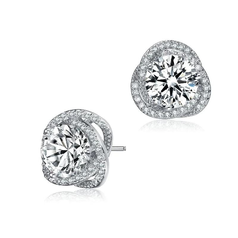 Stud Earrings for Anniversary -GENEVIVE Sterling Silver Cubic Zirconia Swirl Halo Stud Earrings