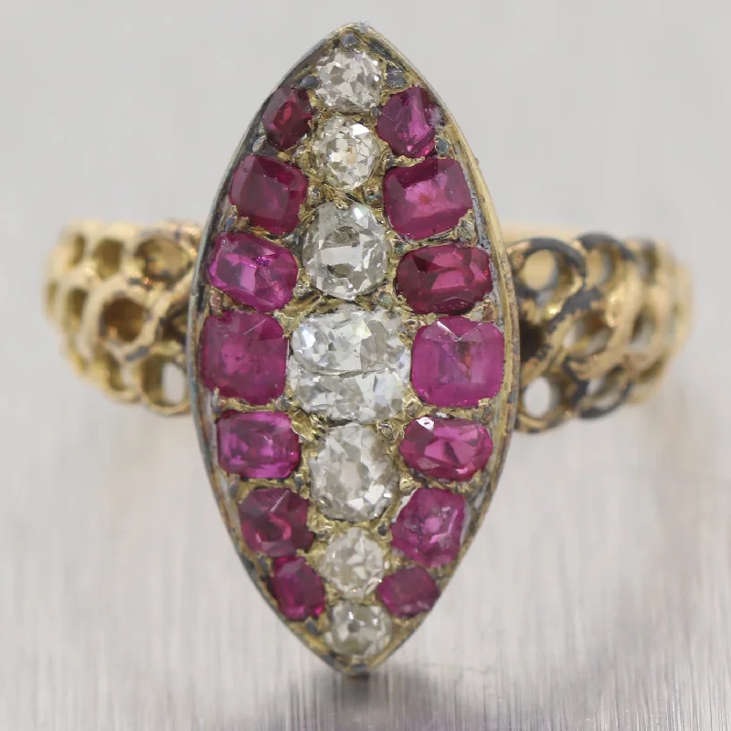 Women’s statement rings with large coral gems -1890's Antique Victorian 14k Yellow Gold 2ctw Ruby & Diamond Ring