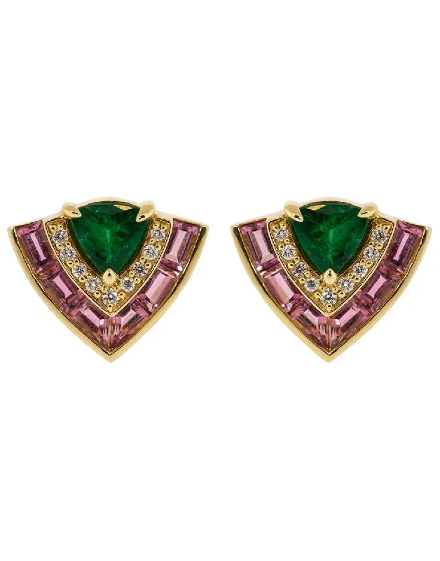 Celtic Stud Earrings with Knotwork -Pink Sapphire, Emerald, and Diamond Tiered Stud Earrings