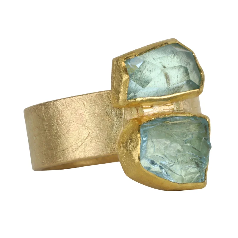 Women’s slim rings with pave sapphire accents -22 & 18K Bezel-Set Double Asymmetrical Aquamarine Ring