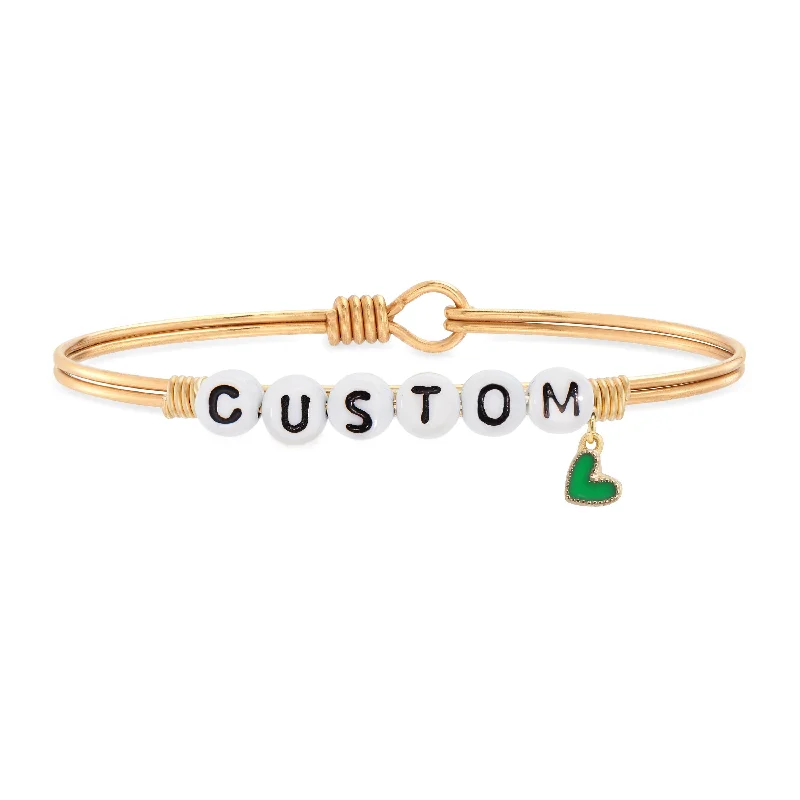 Bangles with natural amber for warm glow -Personalized Letter Bead Bangle Bracelet with Green Heart