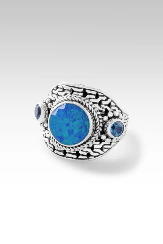 Women’s rings with polished peacock ore glow -Sacred Path Ring™ in Bali Blue Simulated Opal