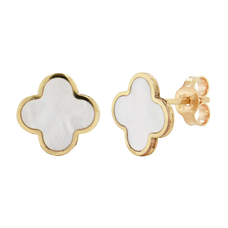 Nickel Free Stud Earrings for Safety -Italian Gold 14K Yellow Gold Mother of Pearl Clover Stud Earrings 10mm 0.70 grams