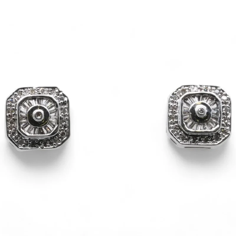 Stud Earrings for Birthday Celebration -10K White Gold Round And Baguette Diamond Stud Earrings