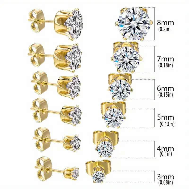 Gemstone Stud Earrings for Color -18K Gold Plated Ear Bone Buckle Stainless Steel 6-Prong Zirconia Stud Earrings