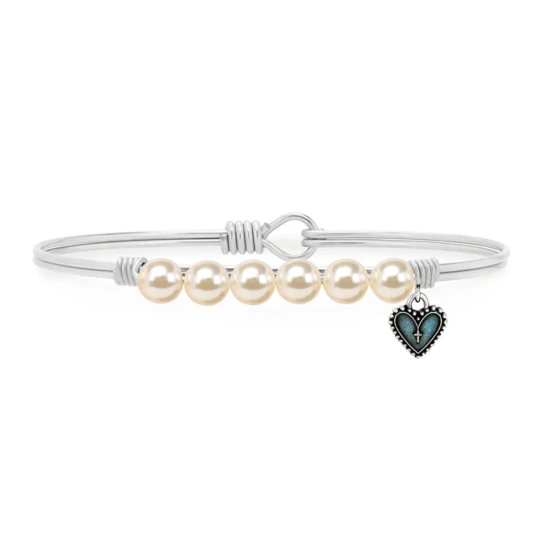 Bangles with pave-set diamonds for dazzle -Crystal Pearl Rosary Heart Bangle Bracelet