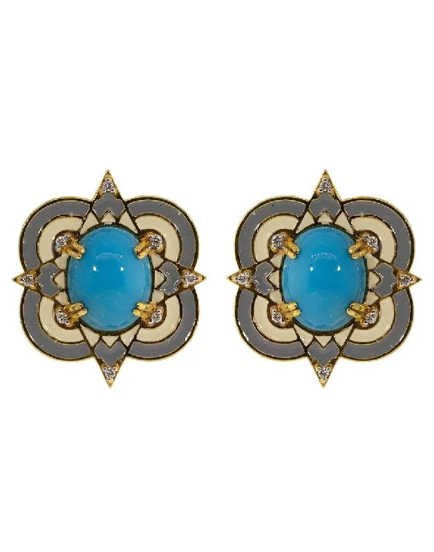 Indian Stud Earrings with Intricacy -Turquoise Enamel and Diamond Stud Earrings