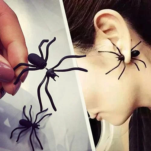 Stud Earrings with Polished Shine -Boy Girl Funny Jewellery Punk Style Weird Big Black Spider Stud Earrings