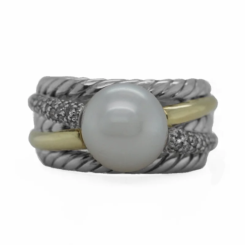 Women’s minimalist rings with polished onyx shine -David Yurman Sterling Silver 13.3g 18k Yellow Gold  0.44ct Diamond Pearl Ring