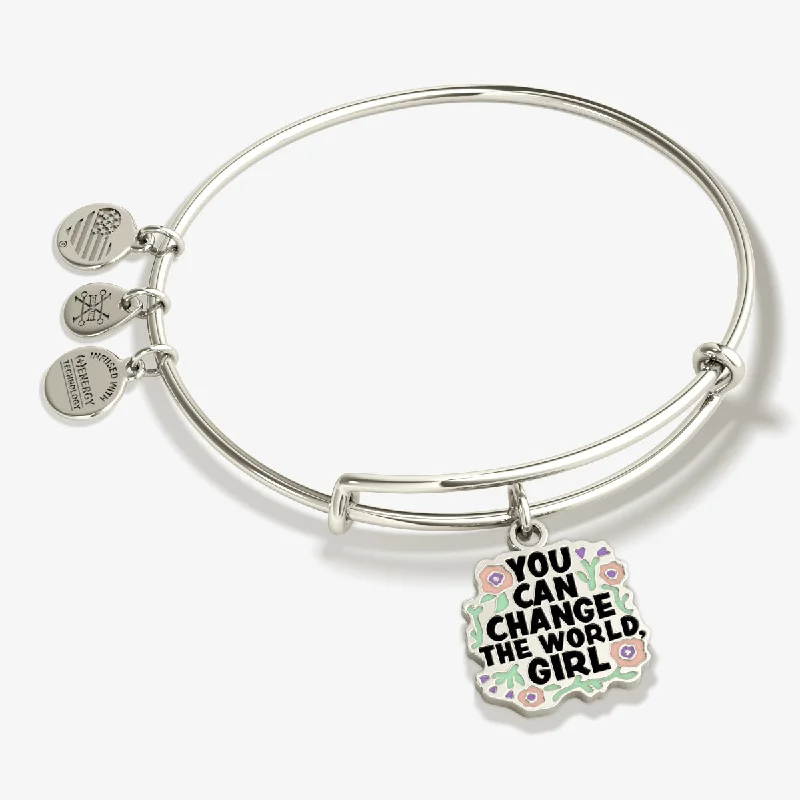 Bangles with twisted metal bands for flair -'You Can Change the World Girl' Charm Bangle