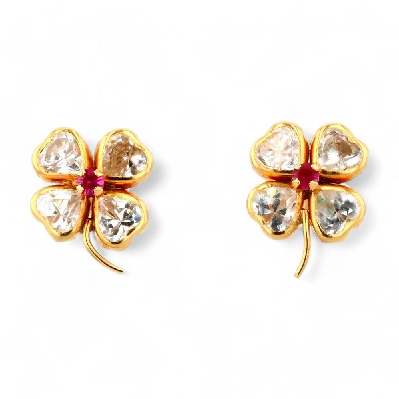 Stud Earrings with Crown Designs -14K Gold Clear And Red Stone Cubic Zirconia Stud Earrings