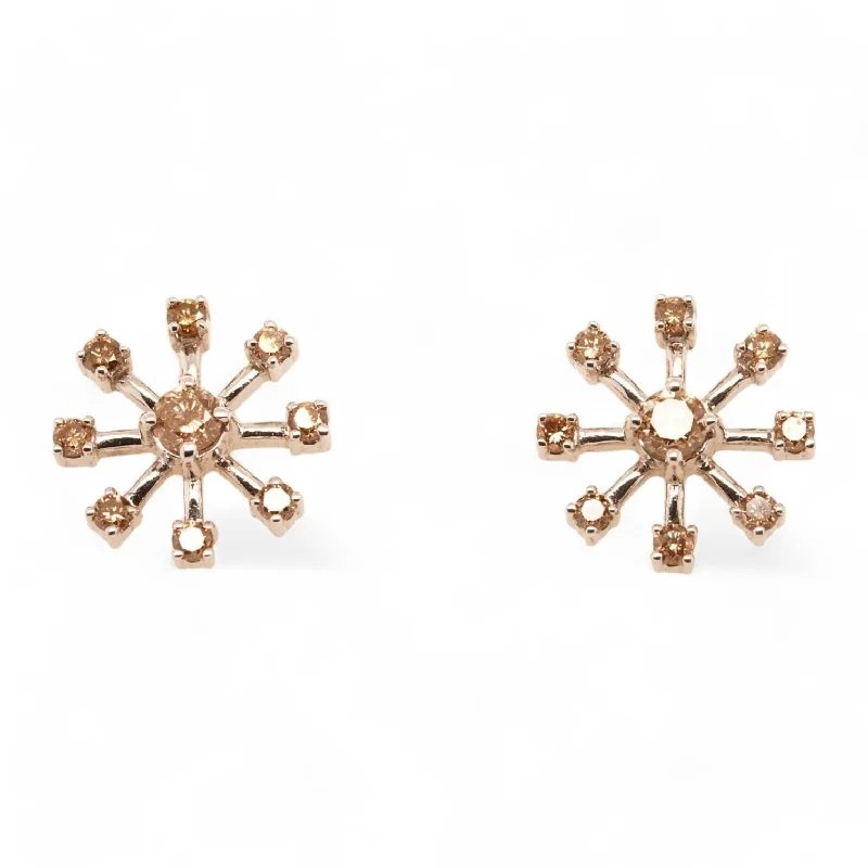 Indian Stud Earrings with Intricacy -14K White Gold Brown Diamond Snowflake Stud Earrings