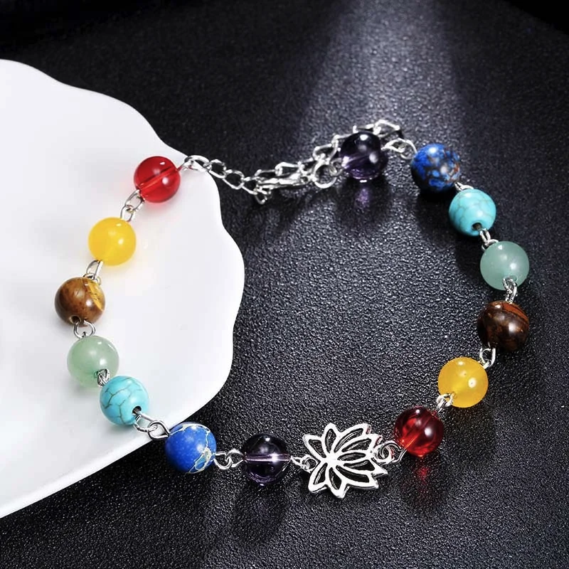 Best necklaces and pendants with floral designs for a feminine and elegant feel-Adjustable Silver Lotus 7 Chakra Natural Stones Anklet