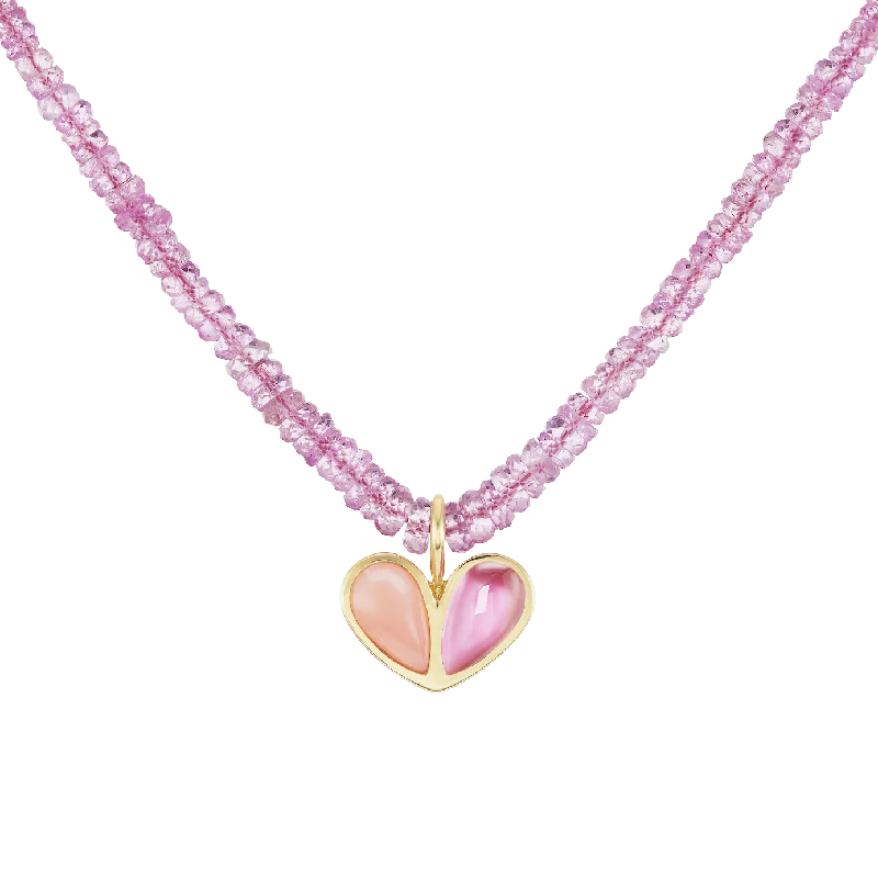 Necklaces and pendants with matching rings for a coordinated set of jewelry-Beaded Sweetheart Necklace Pink Opal and Pink Sapphire