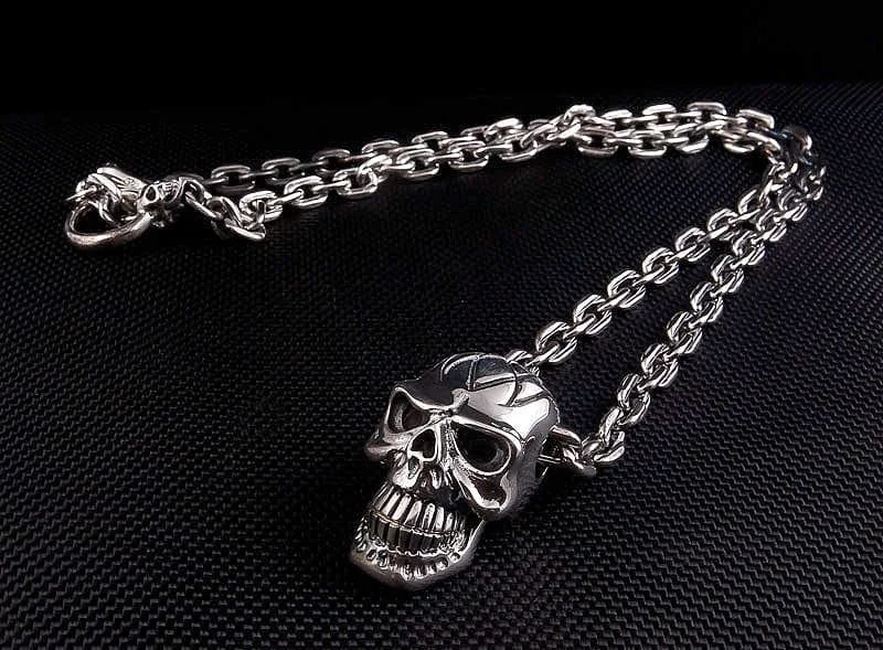 Simple necklaces and pendants with tiny charms for a delicate and casual vibe-Big Head Skull Sterling Silver Biker Chain Necklace