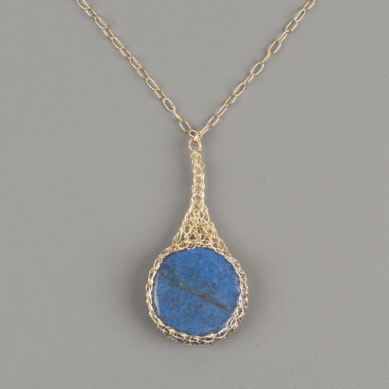 Best necklaces and pendants with seashell designs for a tropical, beachy vibe-Blue Lapis lazuli pendant necklace wire crocheted in gold wire