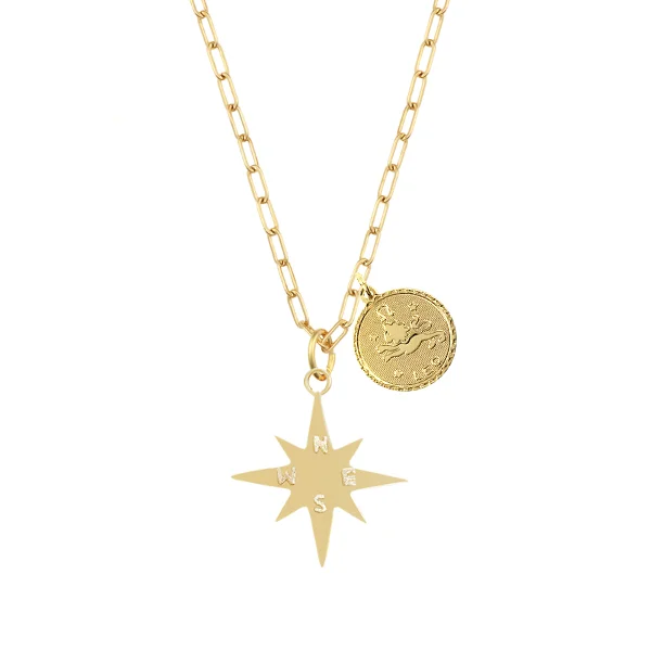 Best necklaces and pendants with emerald gemstones for a rich, sophisticated design-Zodiac Charm and Compass Star Necklace