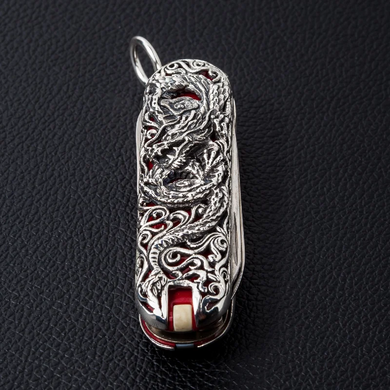 Personalized necklaces and pendants with initials for a customized and meaningful gift-Dragon Sterling Silver Swiss Army Knife Pendant