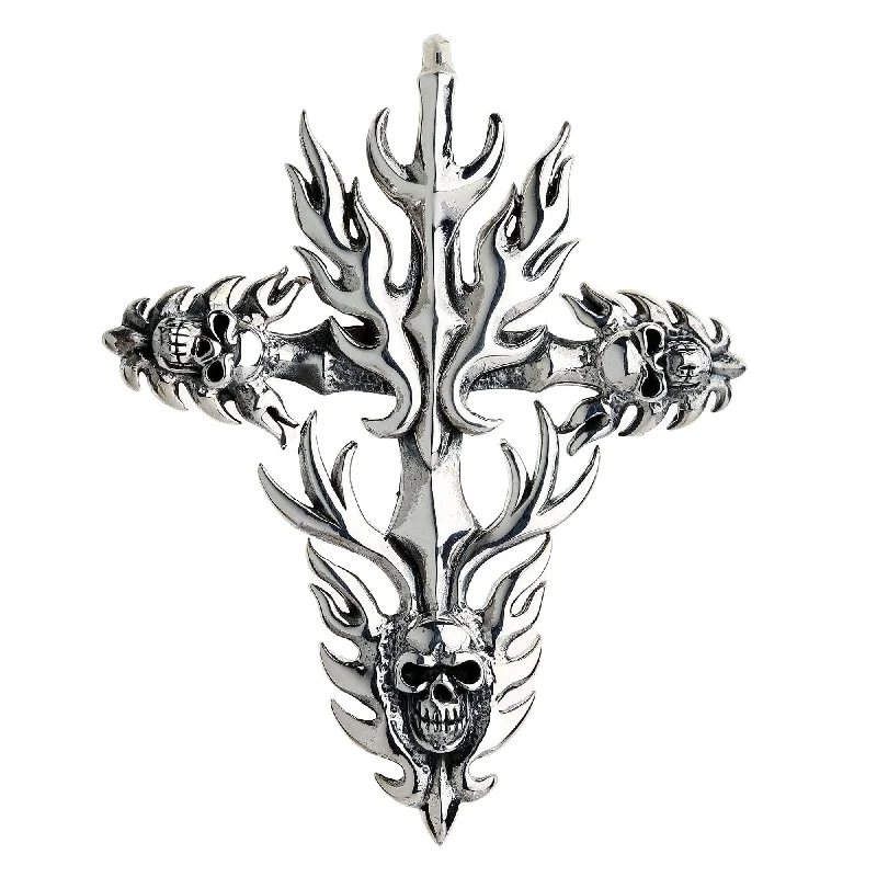 Best necklaces and pendants with intricate beadwork for a bohemian-inspired look-Flame Gothic Cross Skull Sterling Silver Biker Pendant