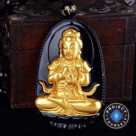 Best necklaces and pendants with cross pendants for a spiritual, meaningful symbol-Gold+Natural Black Obsidian Eight Patron Saint Buddha Pendant Necklace