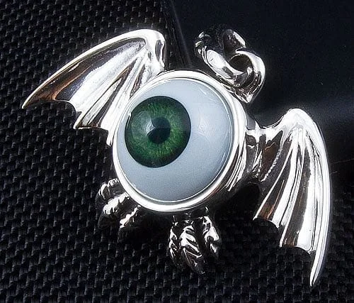 Stunning necklaces and pendants with ruby and diamond combinations for a luxurious effect-Sterling Silver Green Eyeball Gothic Wings Pendant