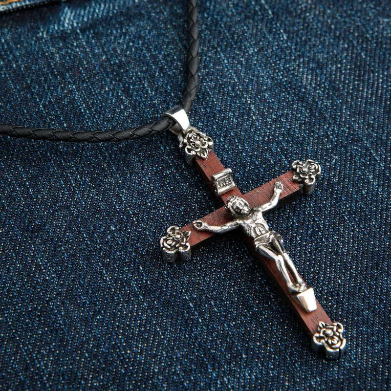 Best necklaces and pendants with gemstone clusters for a bold and colorful effect-Jesus Crucifix Cross Wood Sterling Silver Pendant