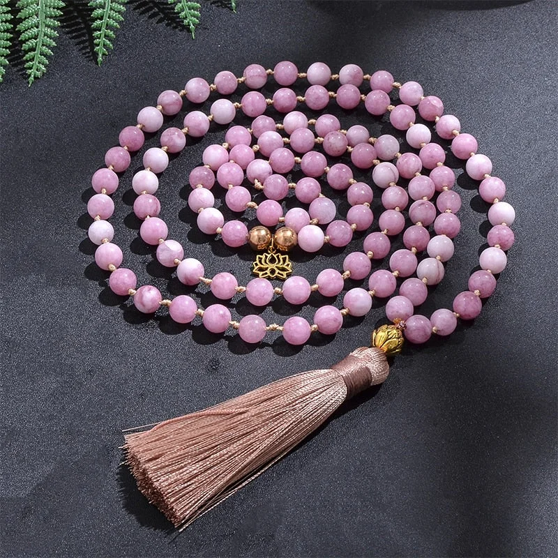 Necklaces and pendants with lotus flower designs for a spiritual, peaceful vibe-Joyful Love Kunzite 108 Mala