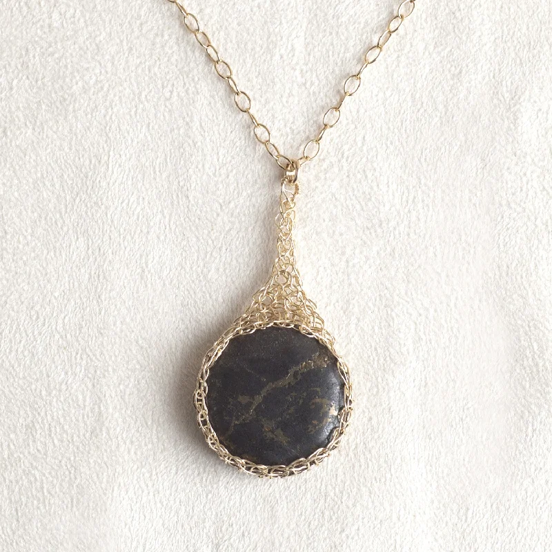 Best necklaces and pendants with minimalist pendants for a sleek, understated look-Large round Pyrite pendant necklace, nested in gold wire crochet