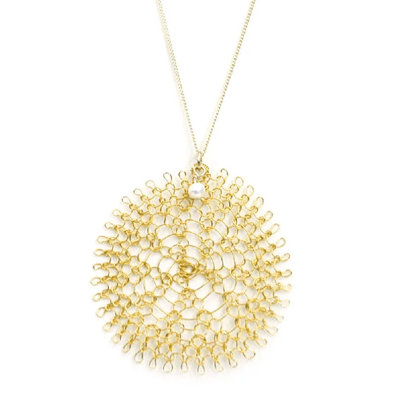 Best necklaces and pendants with vintage coin pendants for a unique accessory-Large Sunflower pendant necklace , wire crocheted flower , gold filled