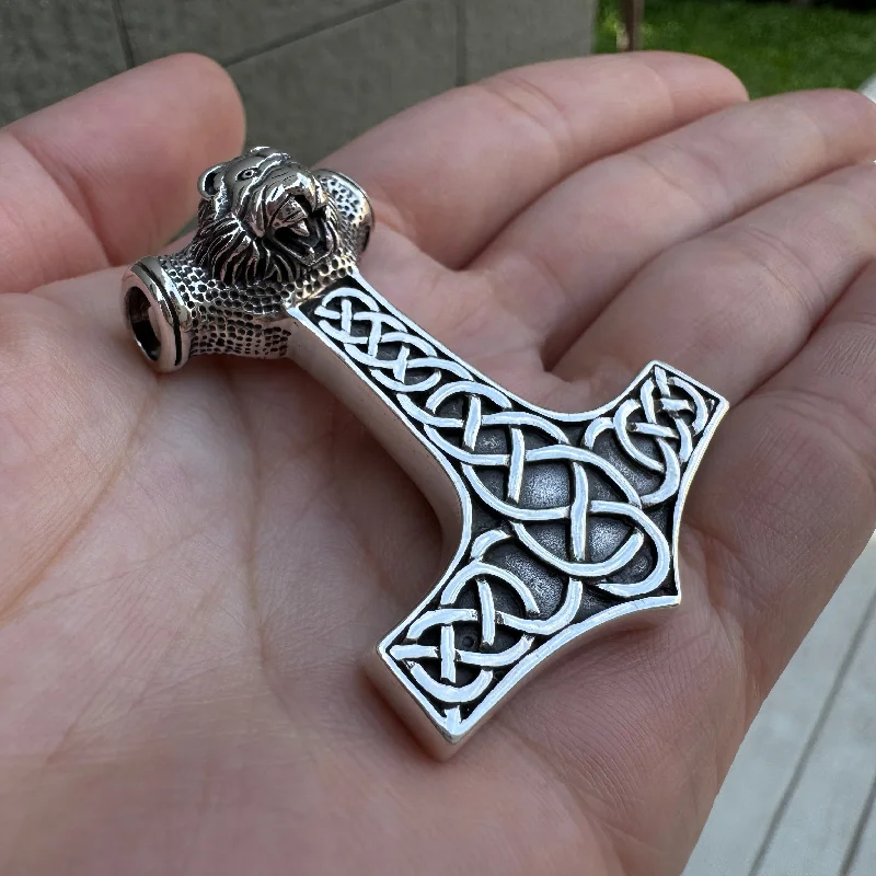 Fashionable necklaces and pendants with birthstones for a personalized gift idea-Lion Knot Sterling Silver Thors Hammer Viking Pendant