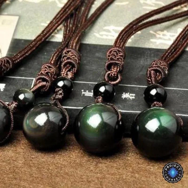 Stunning necklaces and pendants with jade gemstones for a calming green hue-Natural Black Rainbow Eye Obsidian Sphere Pendant Necklace