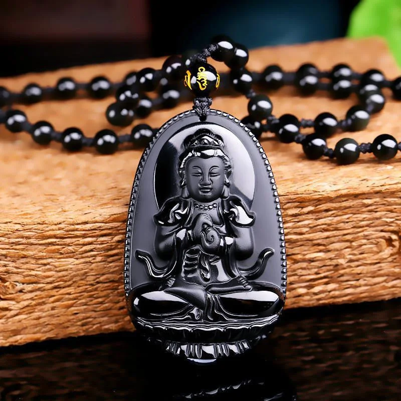 Necklaces and pendants with zodiac constellation designs for an astrological touch-Natural Obsidian Hand Carved Buddha Amulet Pendant Necklace