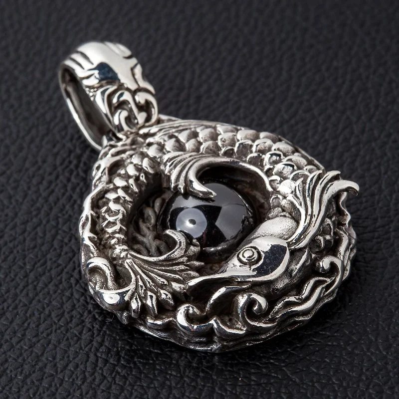 Best necklaces and pendants with oval pendants for a classic, elegant shape-Onyx Japanese Koi Sterling Silver Fish Pendant