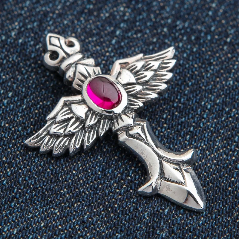 Trendy necklaces and pendants with geometric shapes for a modern aesthetic-Red Angel Wings Sterling Silver Gothic Pendant