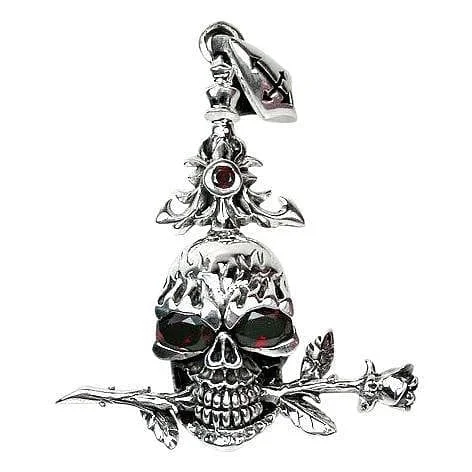 Best necklaces and pendants with adjustable chains for a customizable fit-Red Garnet Eyes Flaming Skull and Rose Sterling Silver Pendant