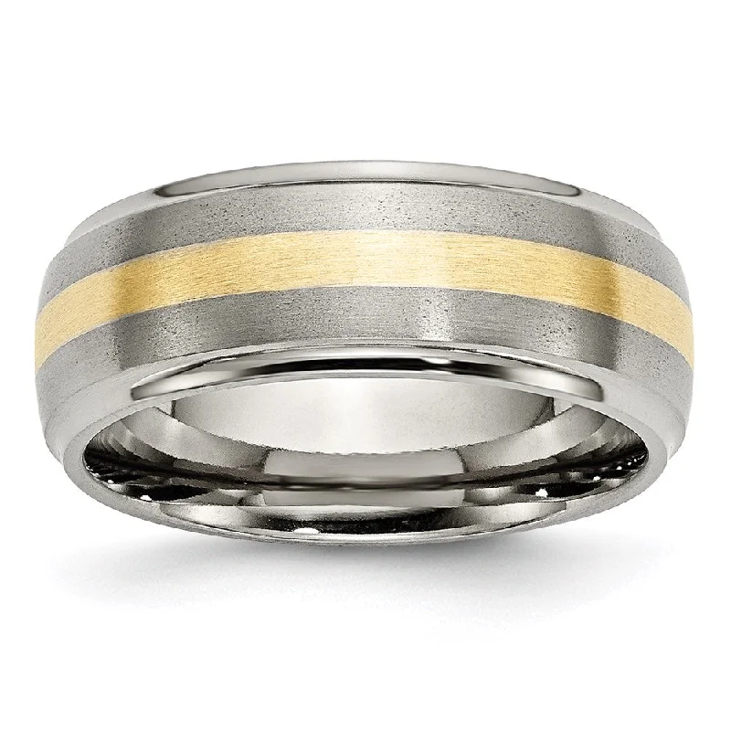 Necklaces and pendants with ocean-inspired designs for a refreshing, beachy feel-Titanium Ridged Edge 14k Yellow Inlay 8mm Brushed/Polished Band | TB102