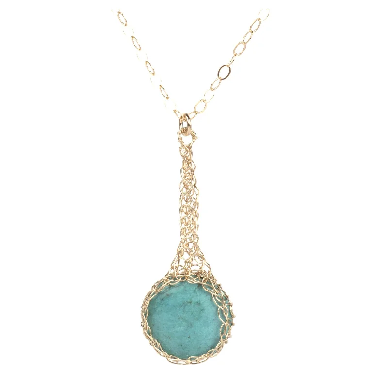 Best necklaces and pendants with sterling silver for an affordable yet stylish choice-Turquoise pendant necklace , small turquoise coin crocheted in gold