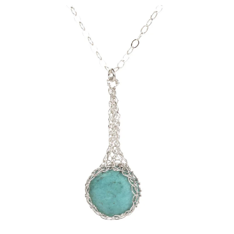 Unique necklaces and pendants with tree of life motifs for nature-inspired elegance-Turquoise pendant necklace , small turquoise coin crocheted in SILVER